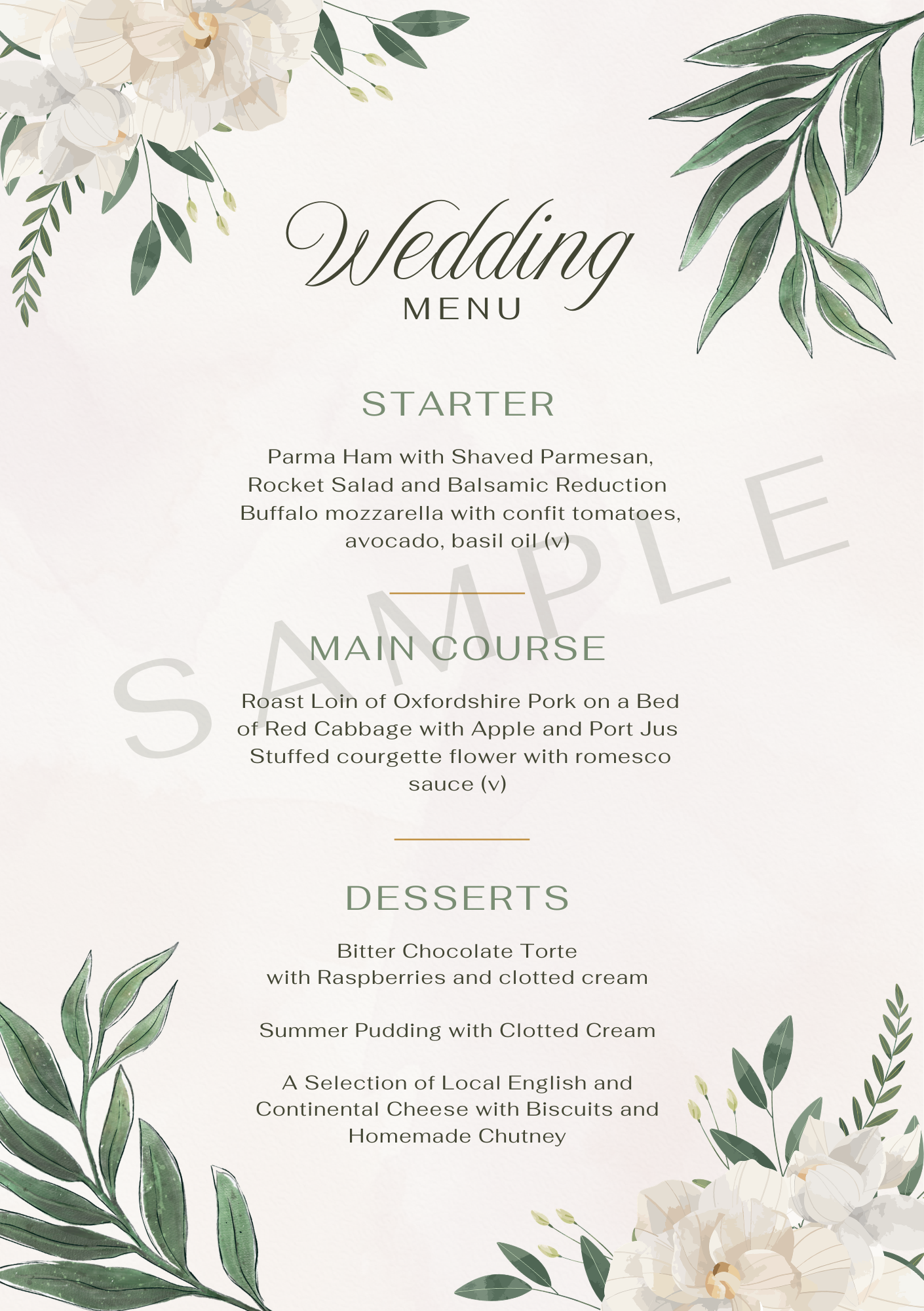 sample wedding menu